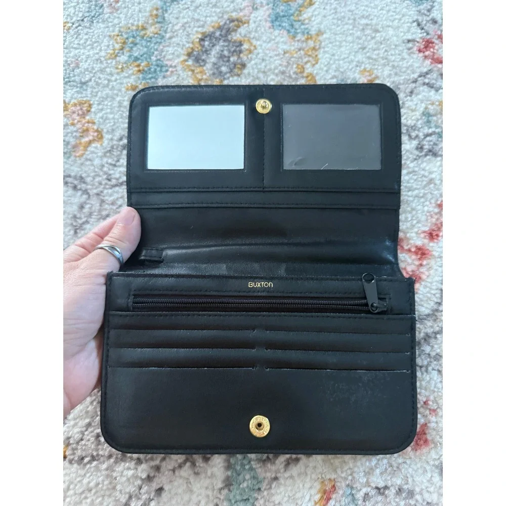 Buxton Black Leather Organizer Clutch Wallet with Mirror and‎ Gold Hardware